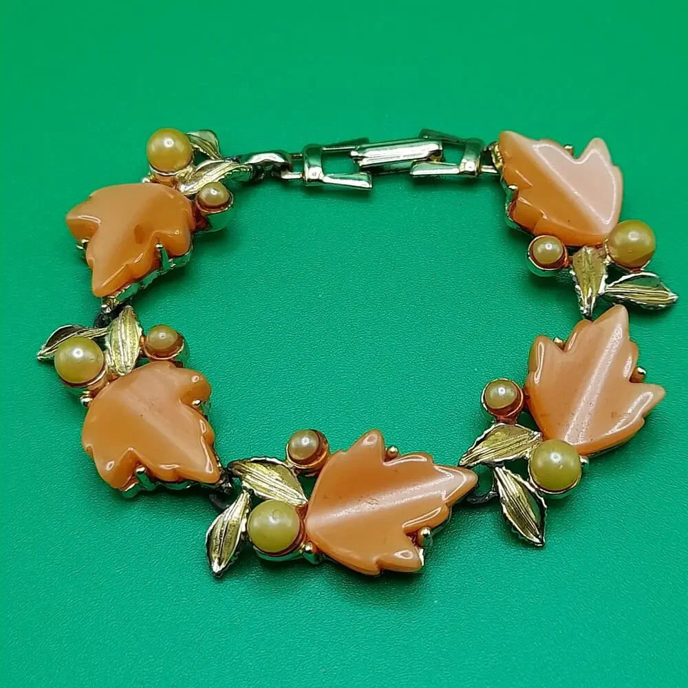 Vintage Orange Moonglow Lucite Leaf Bracelet, Gold Tone, 7 1/4 In, 1950s